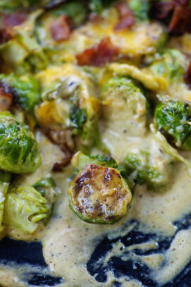 Cheesy brussels sprouts in skillet.