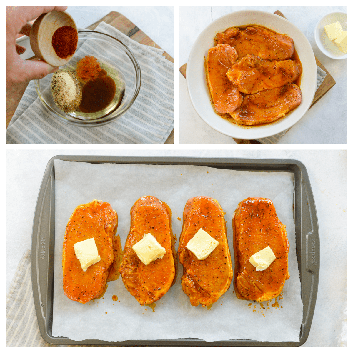 Collage showing how to make lemon pepper pork chops.