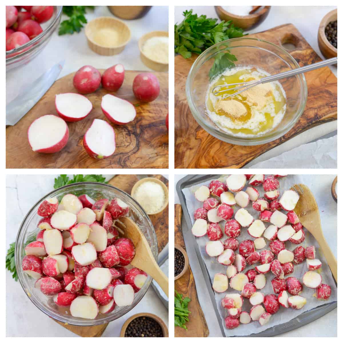 collage showing how to make roasted radishes.