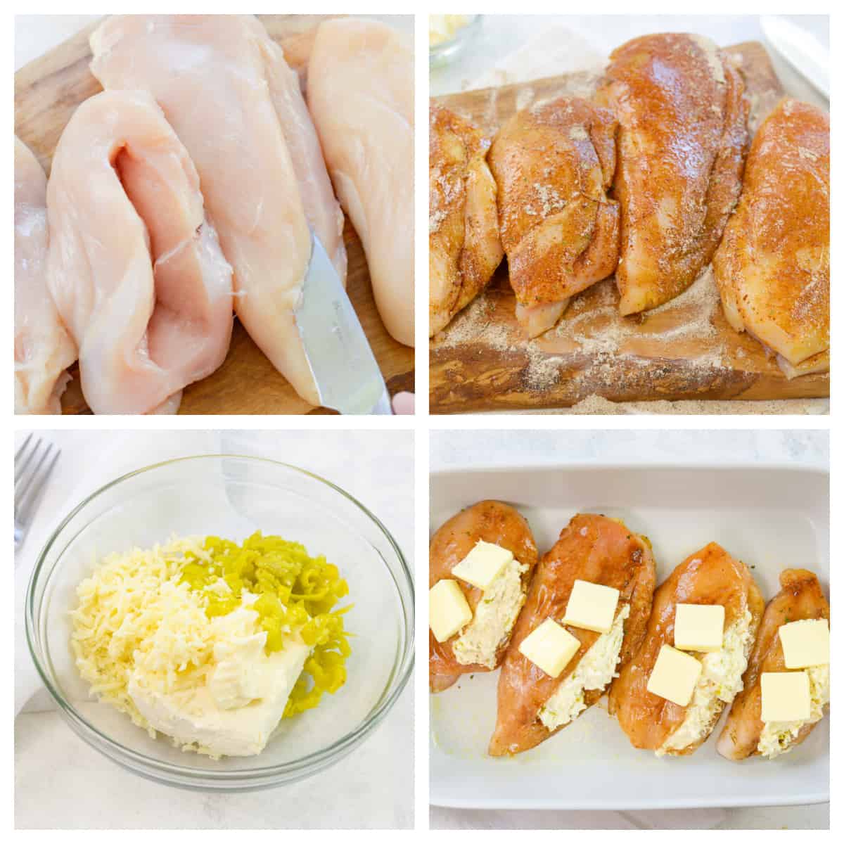 collage showing how to make stuffed chicken.