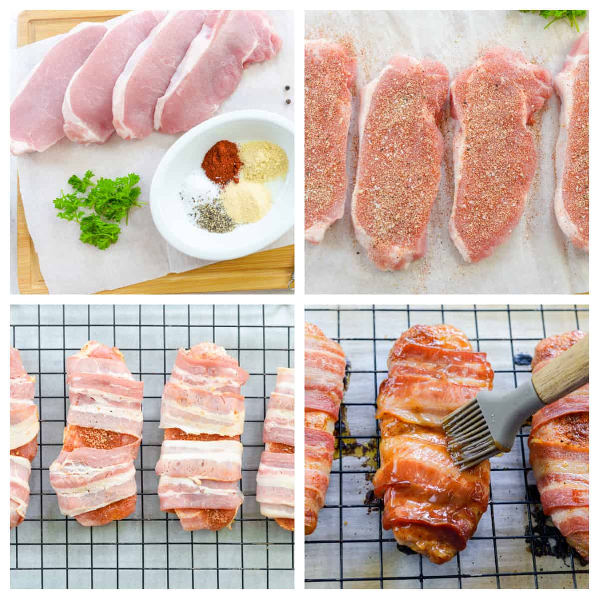 Collage showing how to make bacon wrapped pork chops.