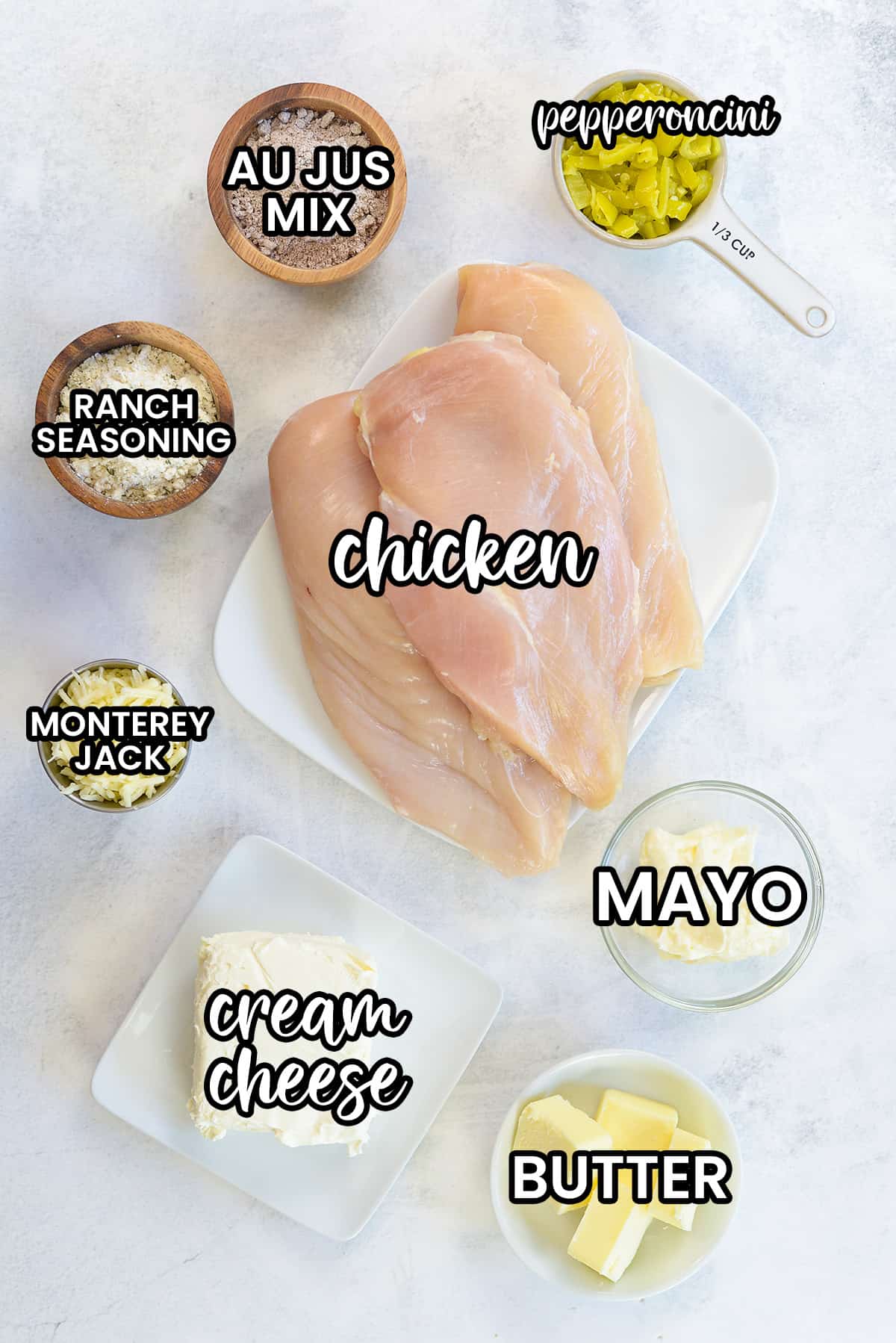 ingredients for mississippi stuffed chicken.