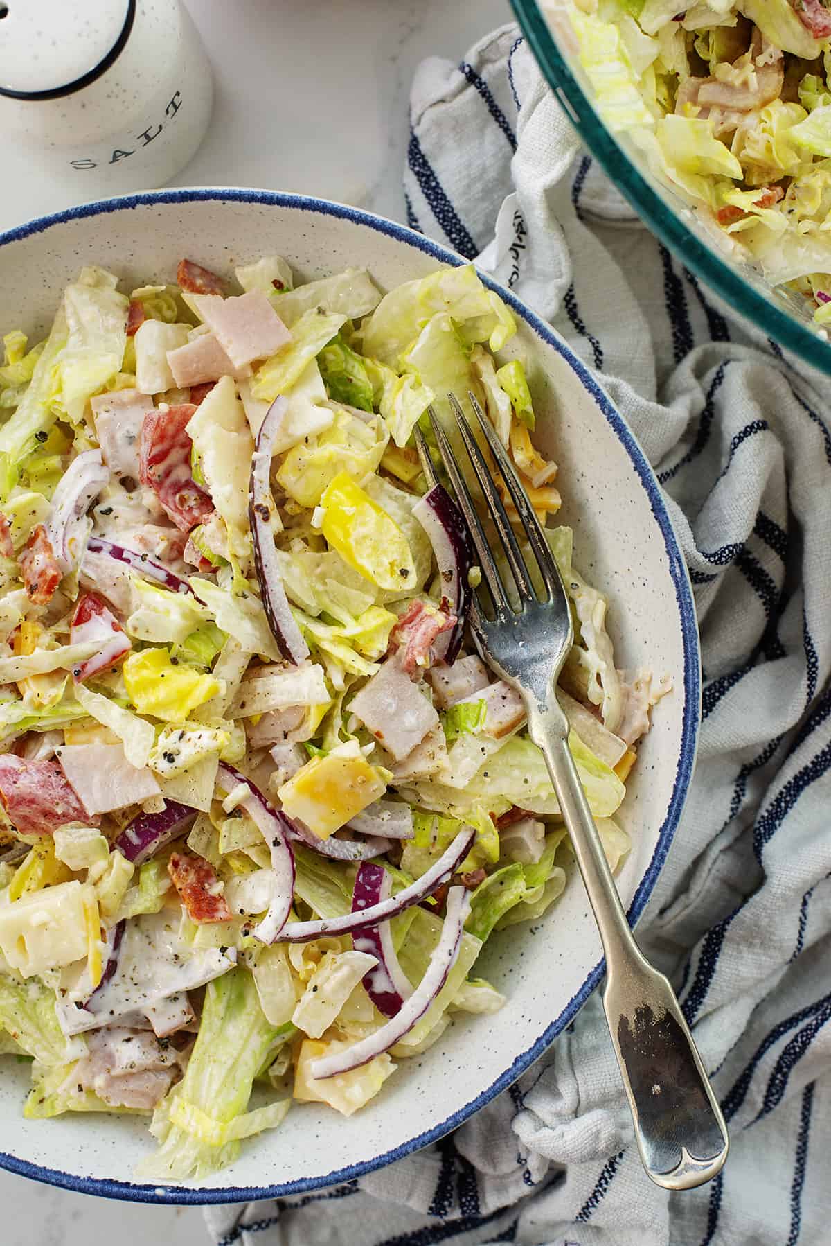 overhead view of keto grinder salad in salad bowl.