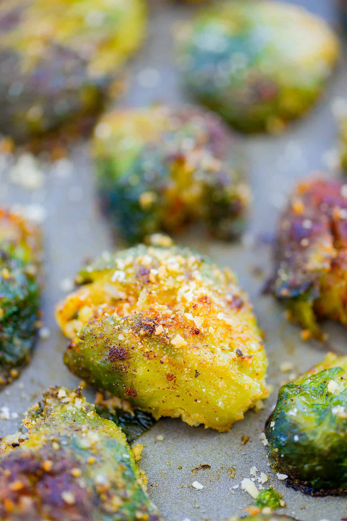 roasted brussels sprouts on baking sheet.