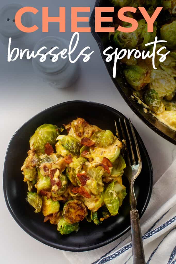Brussels sprouts casserole on black plate.