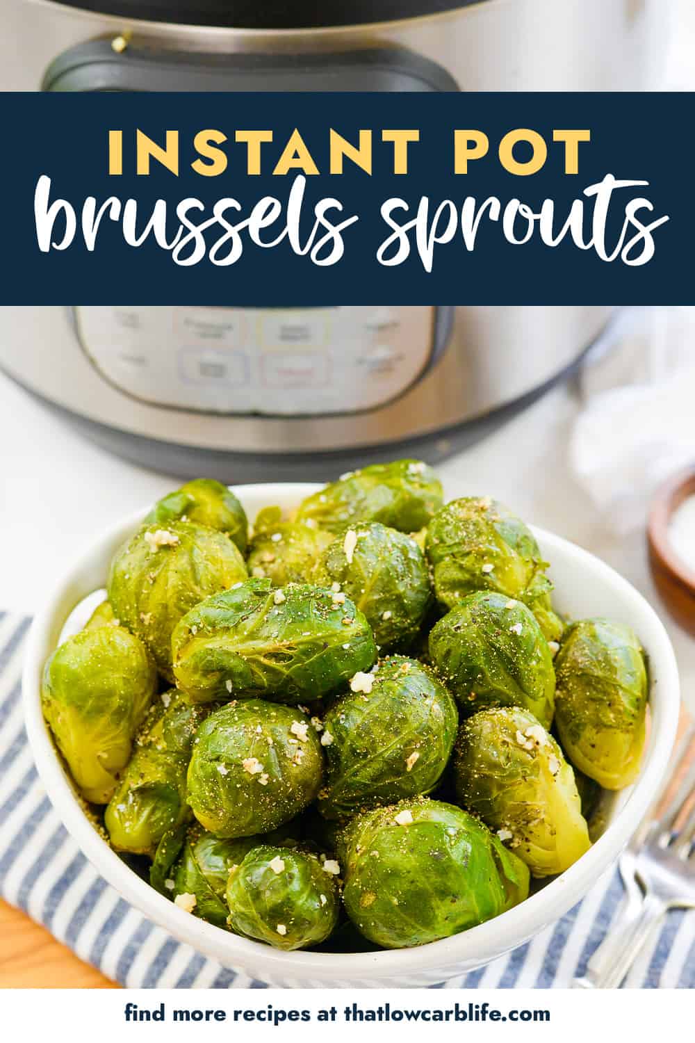 Bowl full of Brussels sprouts with text for PInterest.