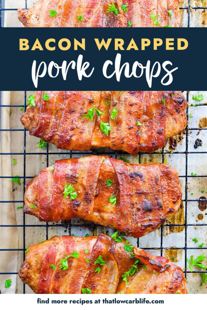 Pork chops wrapped in bacon on rack.
