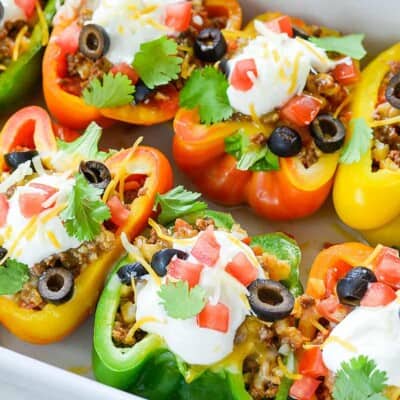 stuffed peppers in white dish.