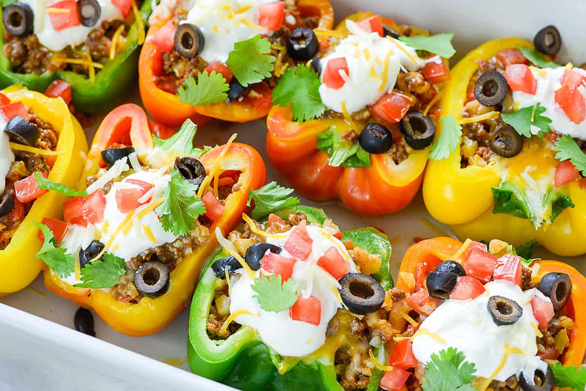 stuffed peppers in white dish.