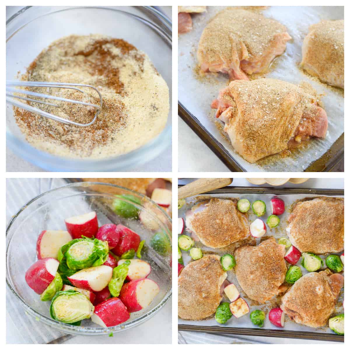 collage showing how to make sheet pan chicken thighs recipe.