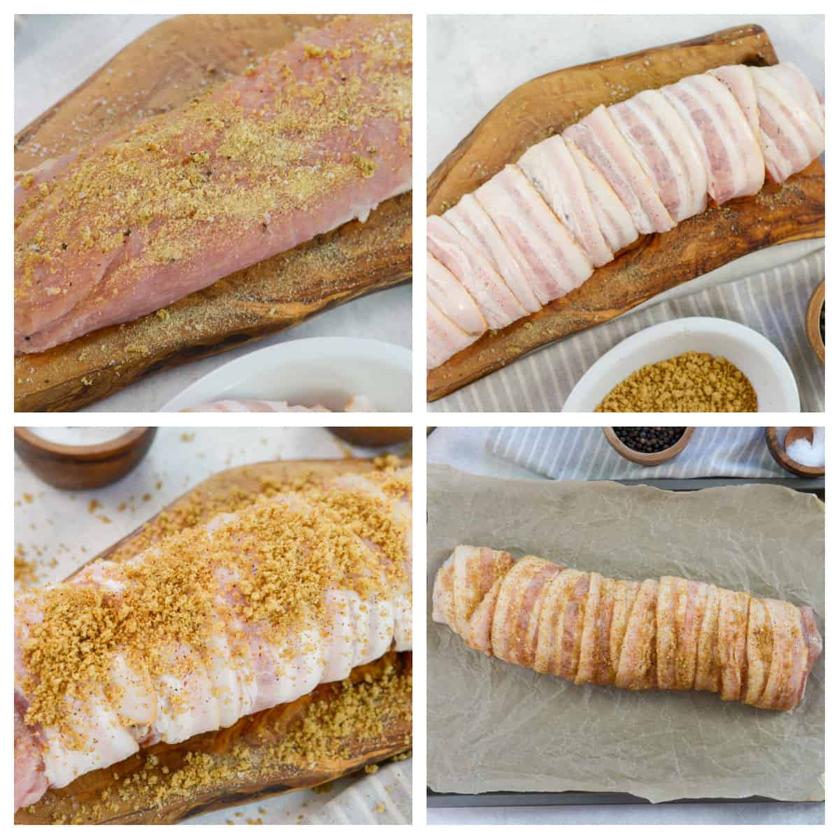 collage showing how to make bacon wrapped pork tenderloin.