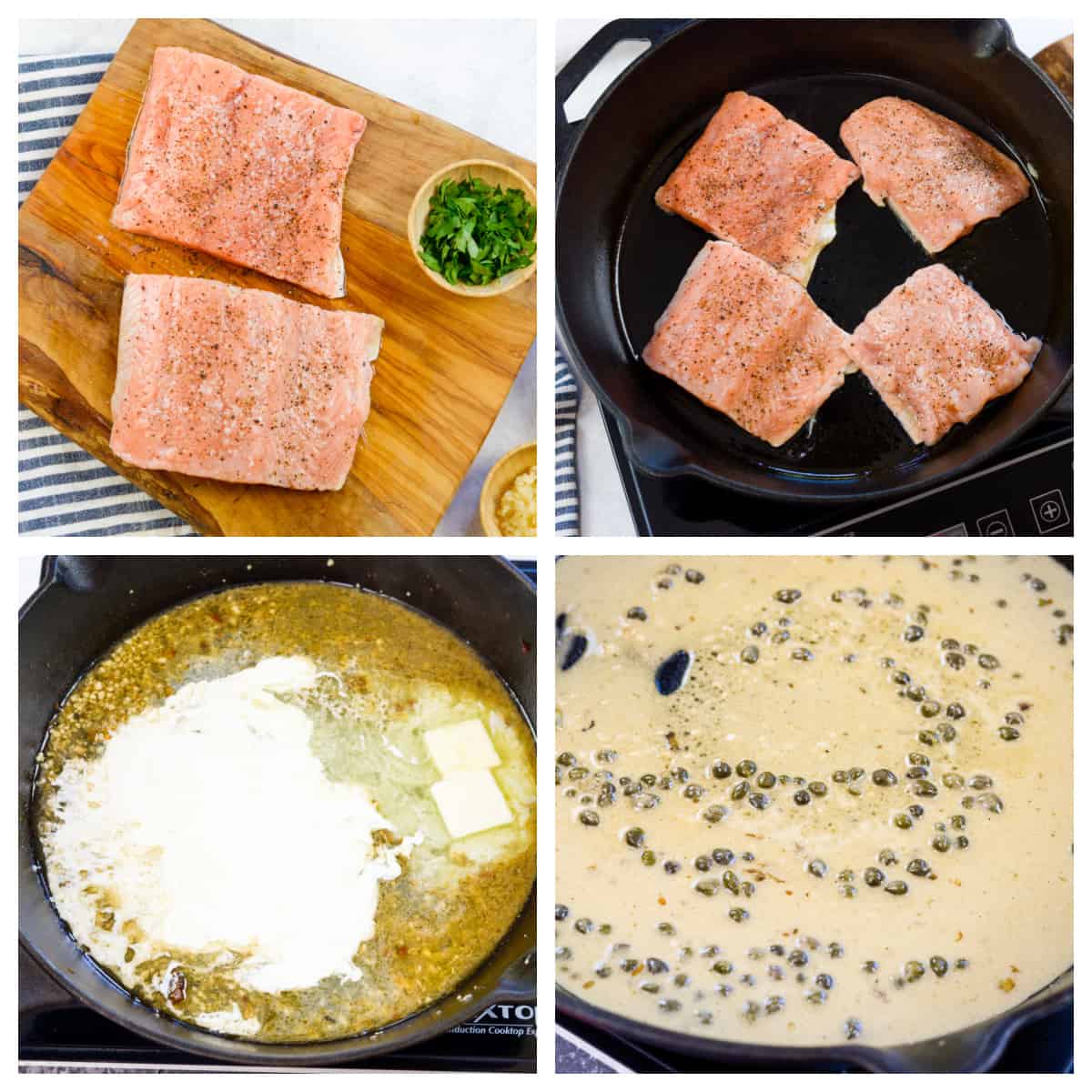 Collage showing how to make salmon picatta.