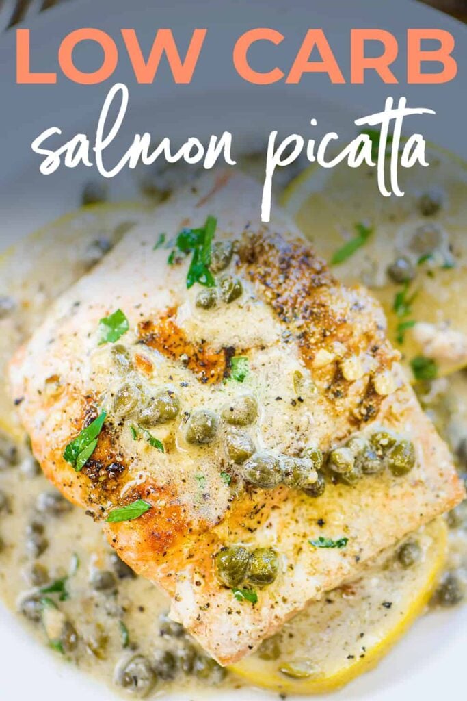 Close up view of salmon picatta with text or Pinterest.