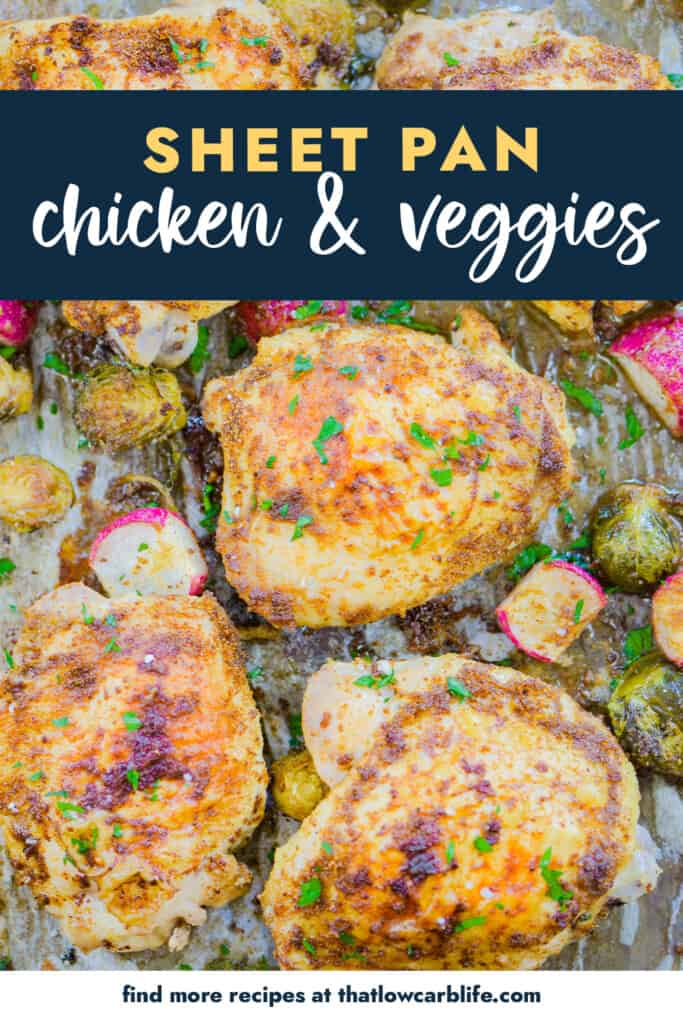 chicken thighs and vegetables on sheet pan.