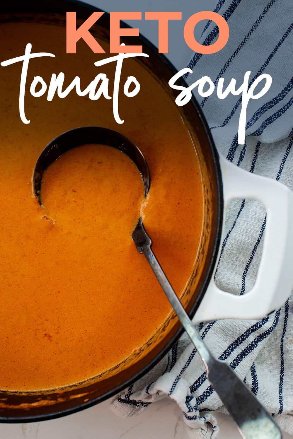 Overhead view of tomato soup in pan.