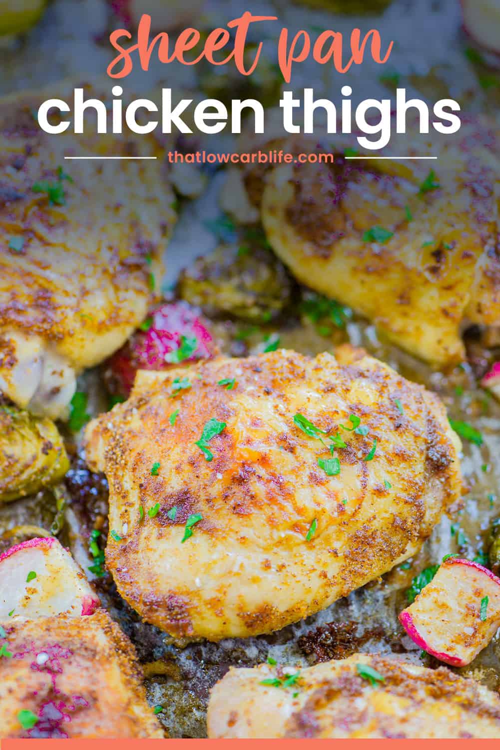 sheet pan chicken thighs with text for pinterest.