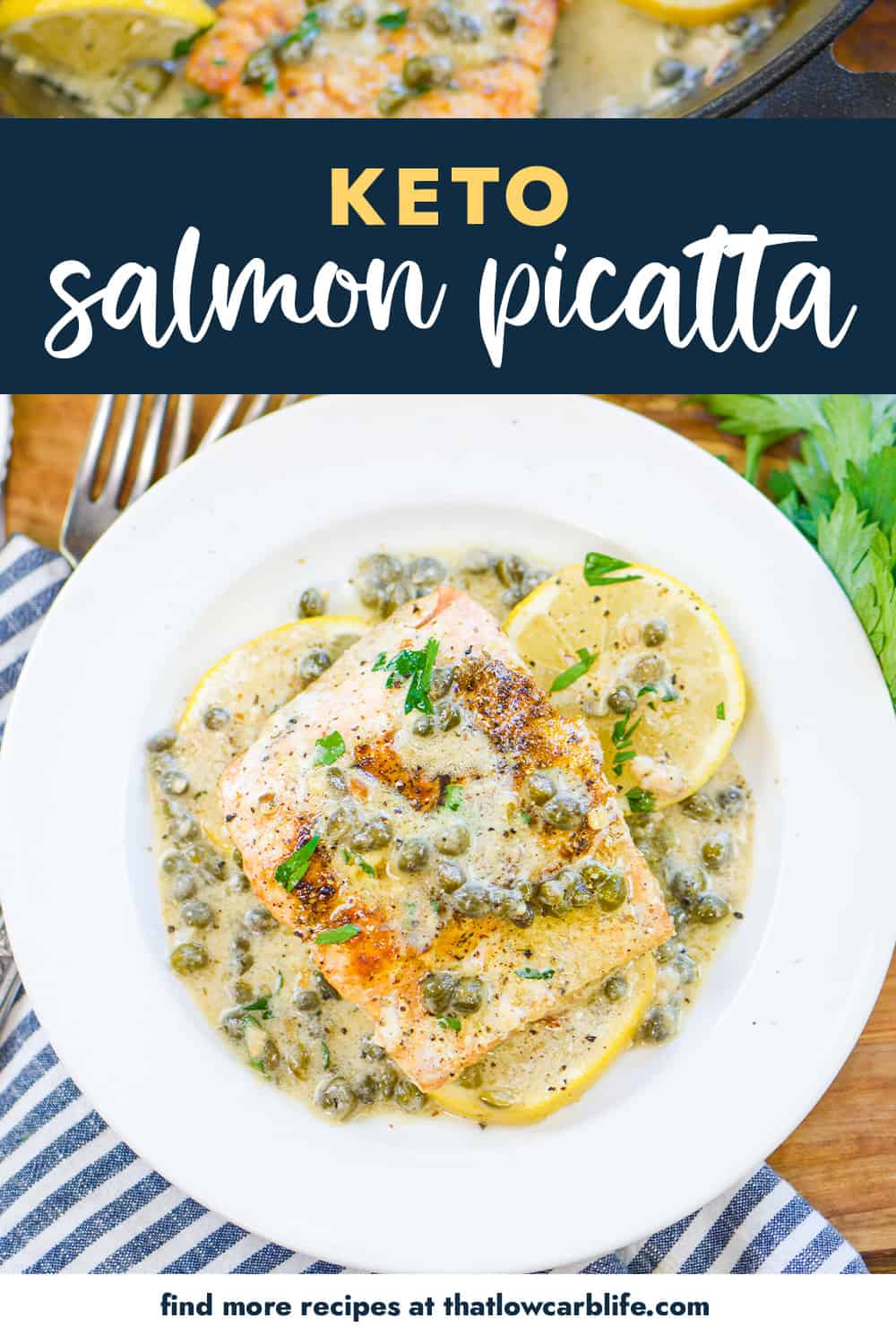 Overhead view of salmon picatta on white plate.