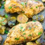 Chicken and Brussels sprouts on sheet pan.