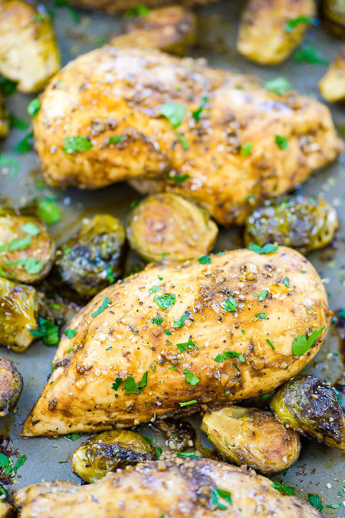 Chicken and Brussels sprouts on sheet pan.