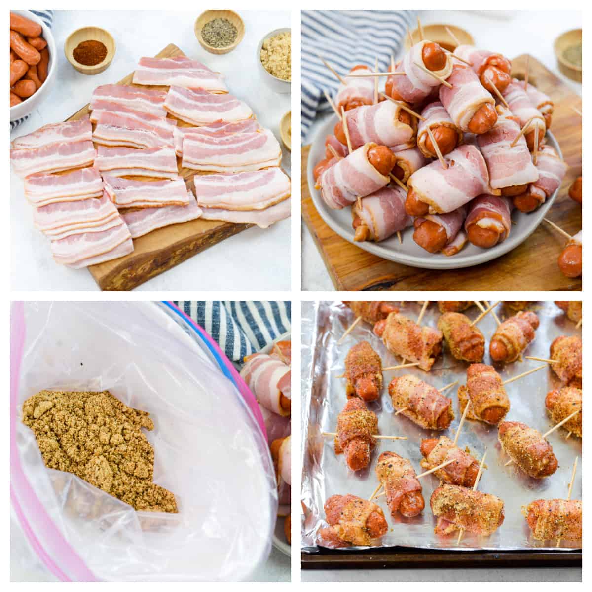 Collage showing how to make bacon wrapped lil smokies.