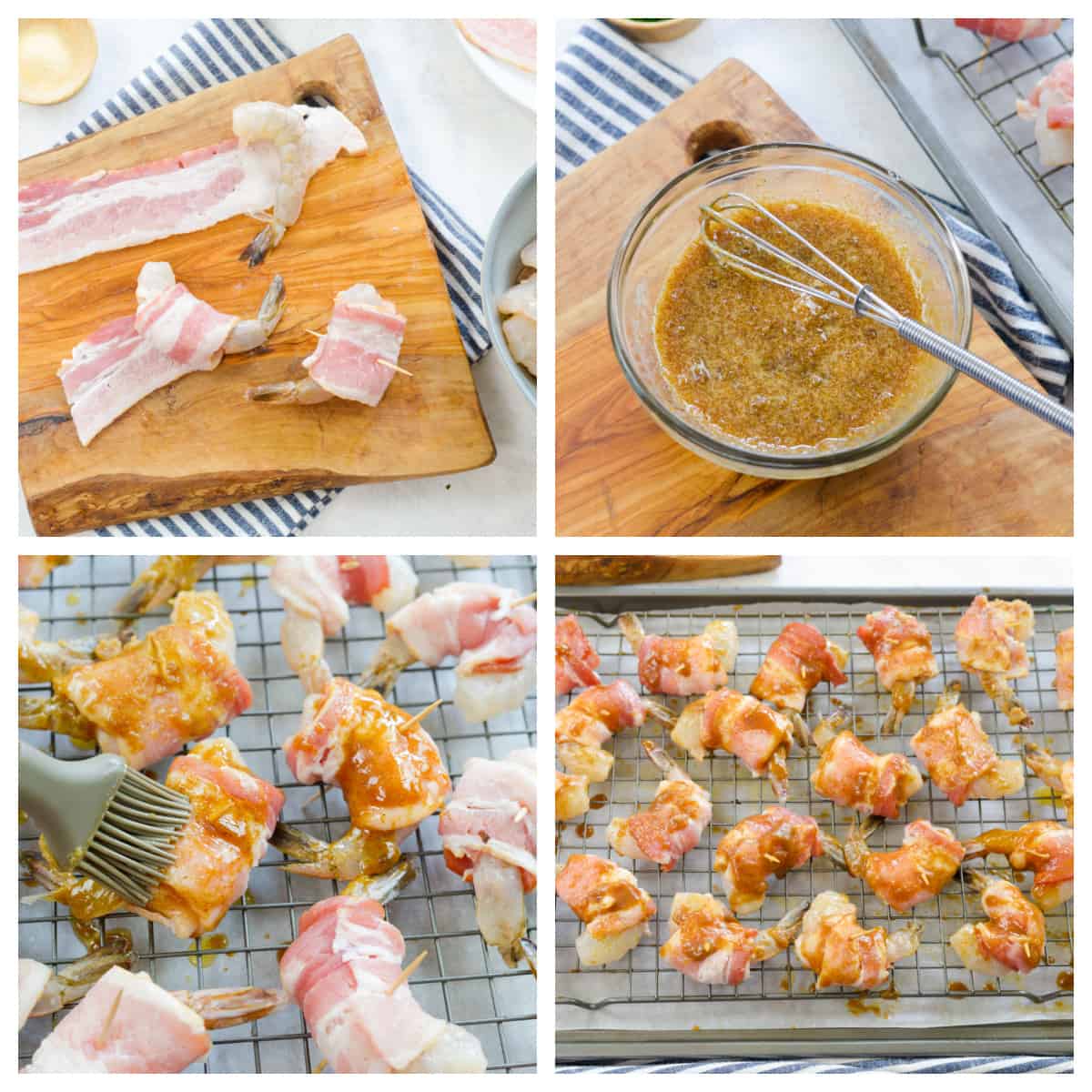 Collage showing how to make bacon wrapped shrimp.