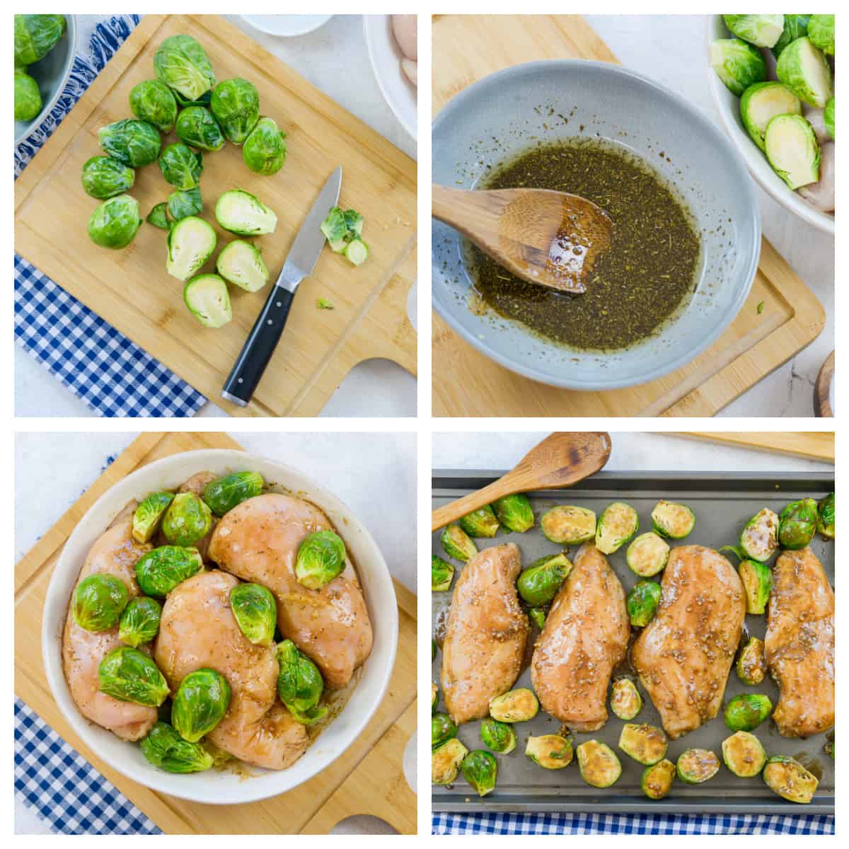 Collage showing how to make chicken and brussels sprouts recipe.