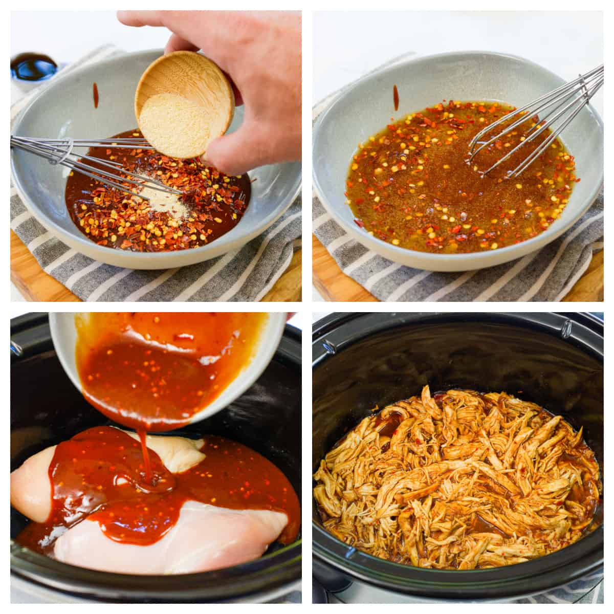 Collage showing how to make crockpot BBQ chicken.