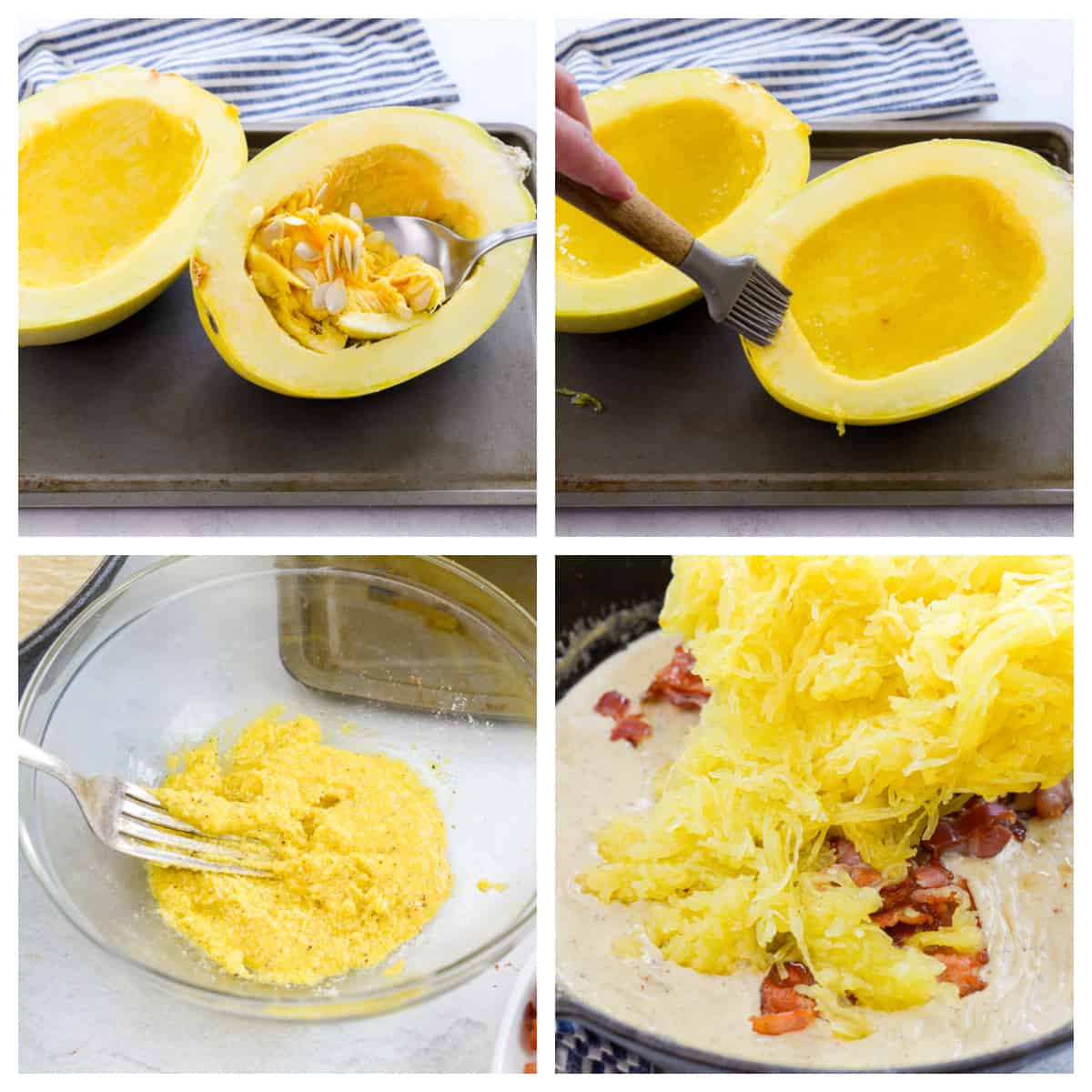 Collage showing how to make spaghetti squash carbonara.