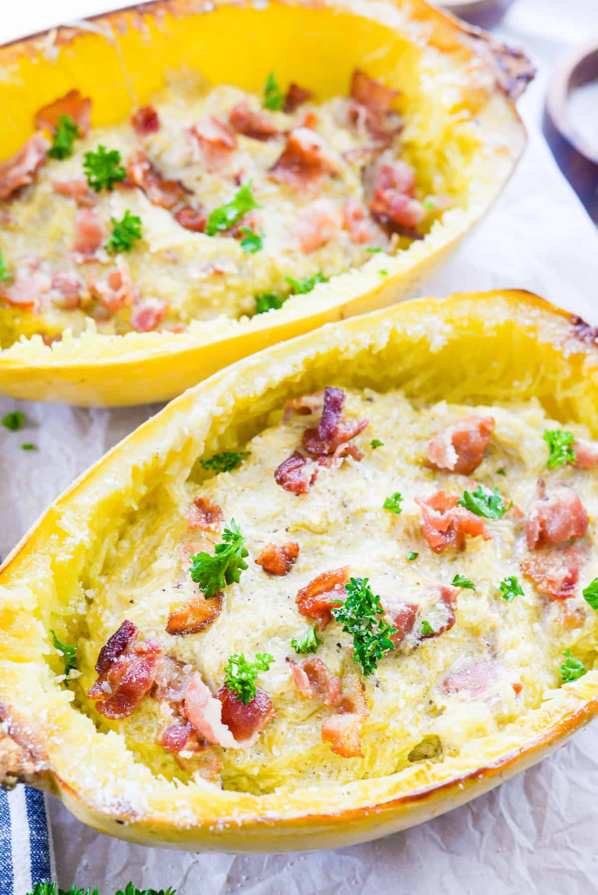 Spaghetti squash shell filled with squash and sauce.