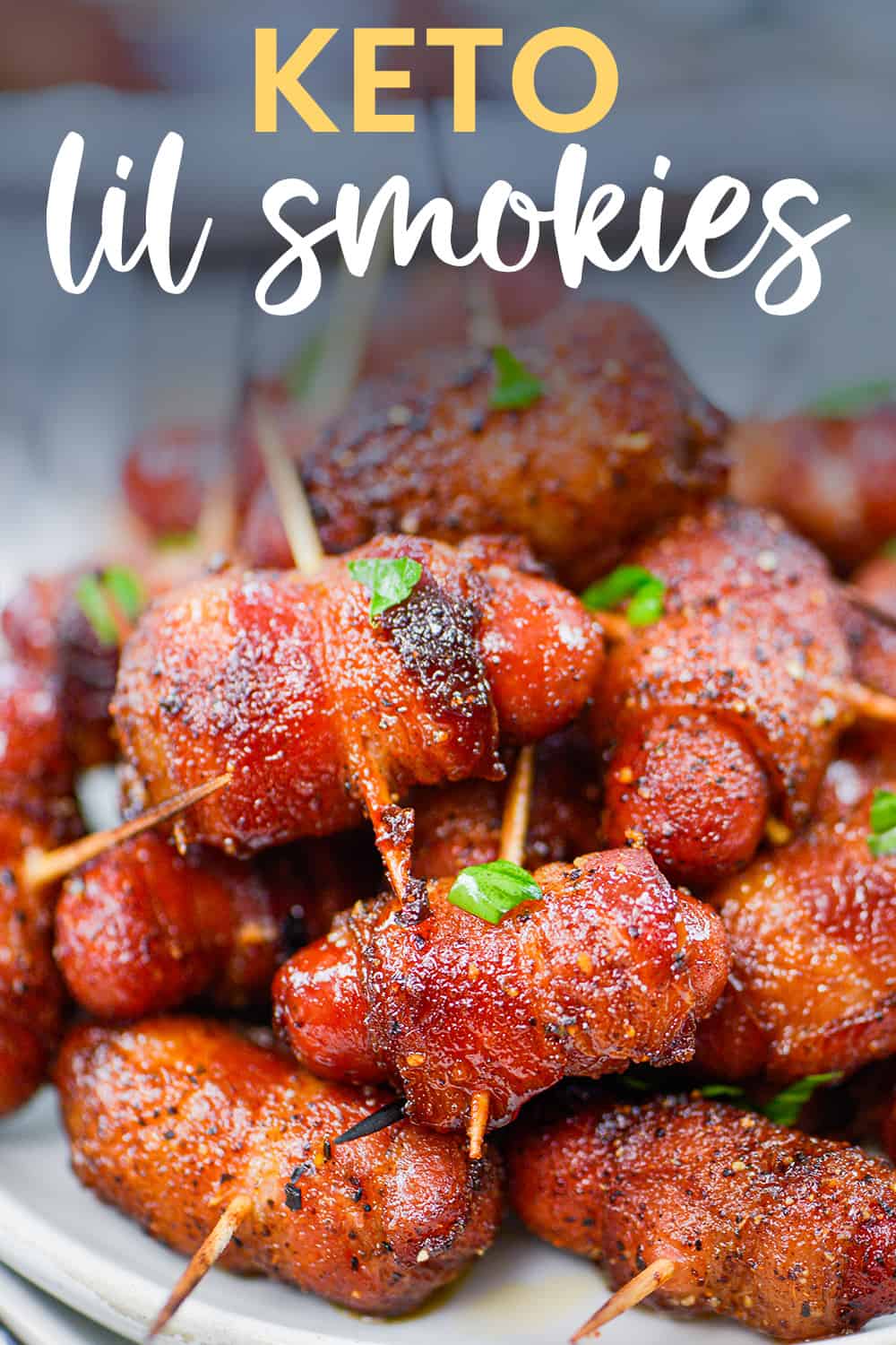 Lil smokies wrapped in bacon with toothpicks.