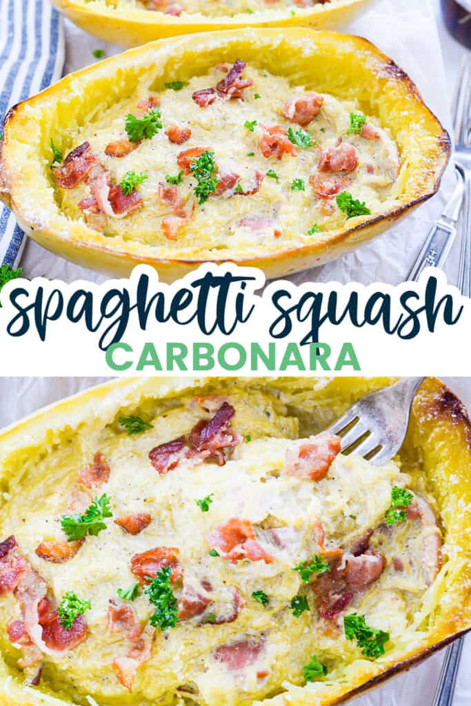 collage of spaghetti squash carbonara images.