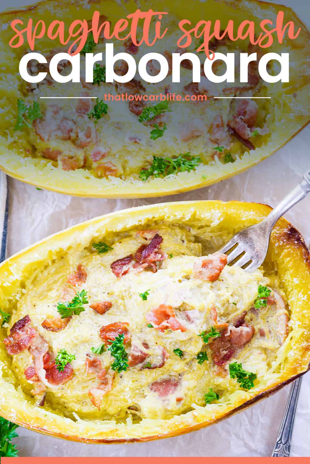 Spaghetti squash carbonara in squash shell with fork.