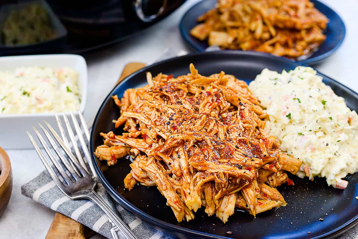 Keto Crockpot BBQ Chicken shredded with sugar-free sauce
