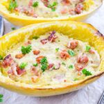 Spaghetti squash carbonara in squash shell.