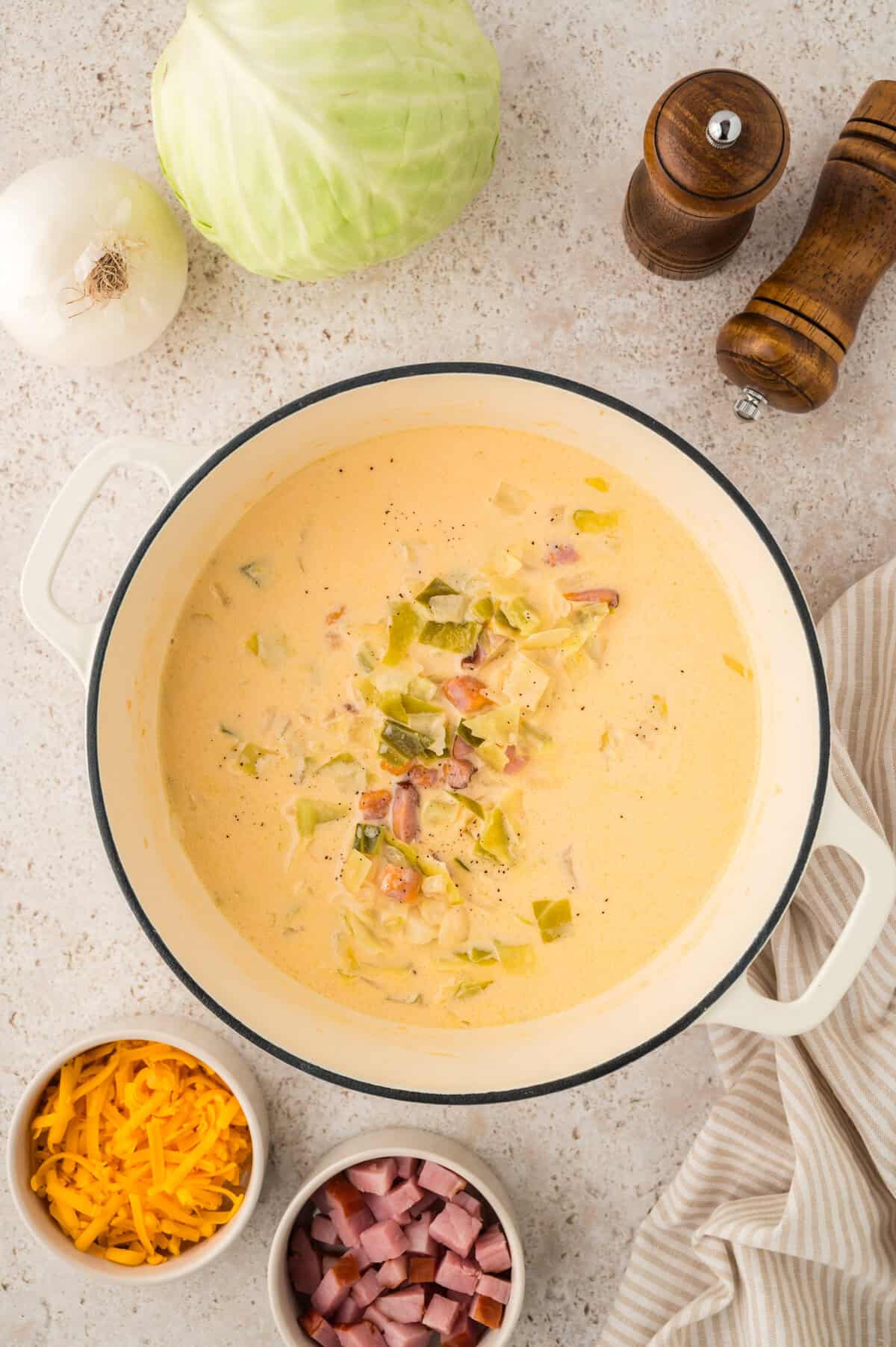 Pot full of ham and cabbage soup recipe.