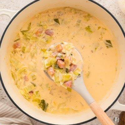 Ladle full of cabbage ham soup recipe.