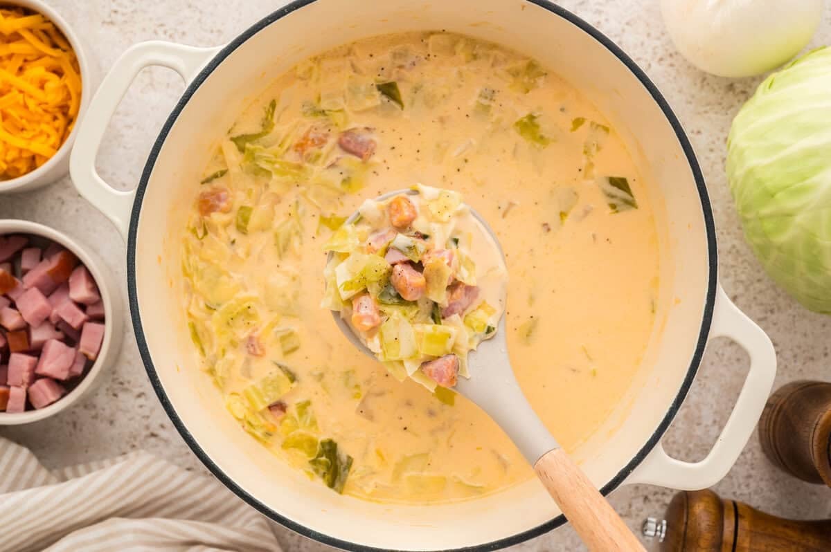 Ladle full of cabbage ham soup recipe.