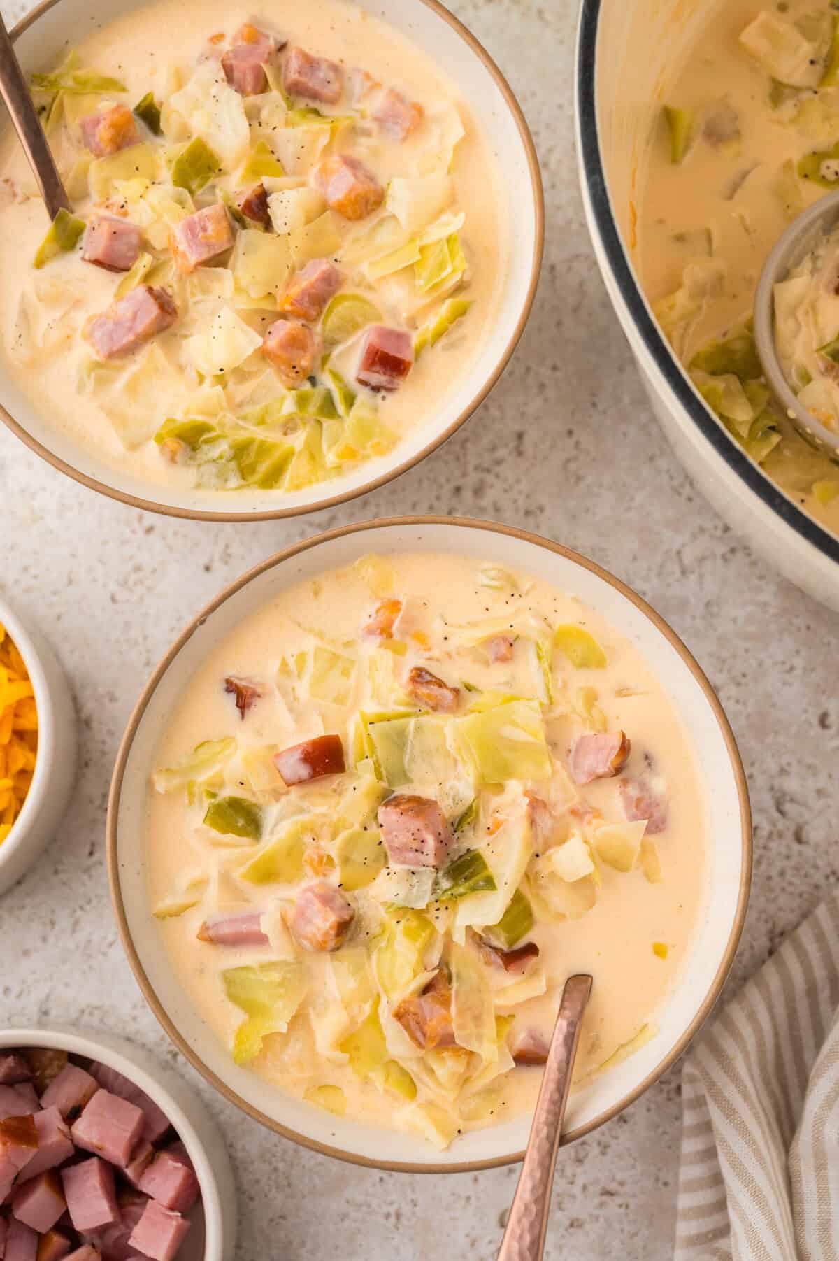 Bowl full of ham and cabbage soup.