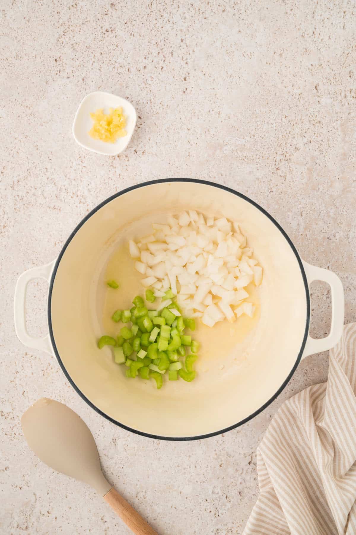 Celery and onion in dutch oven.