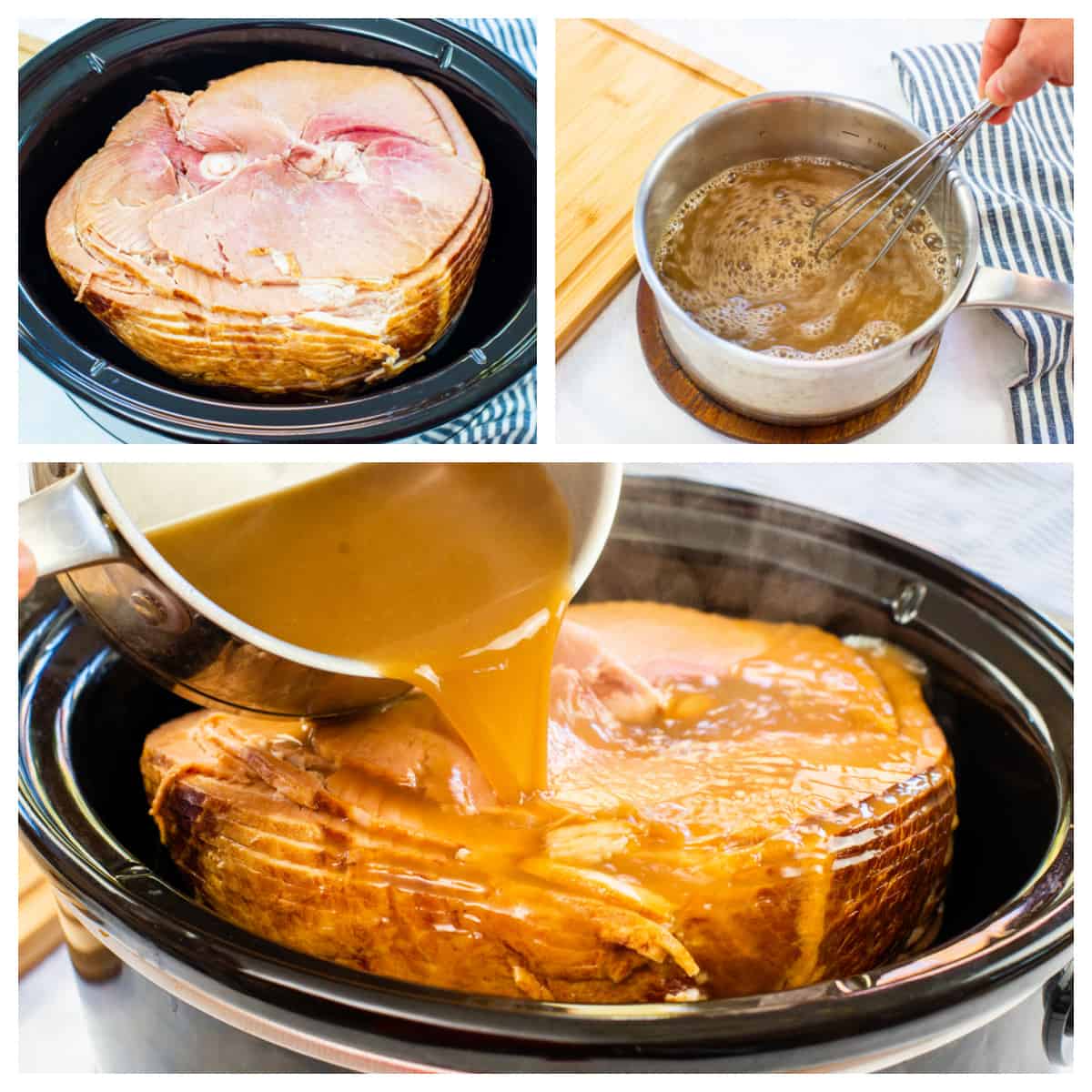Collage showing how to make crockpot glazed ham.