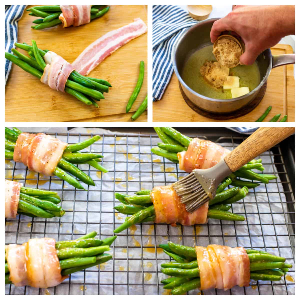 Collage showing how to make bacon wrapped green beans with butter sauce.