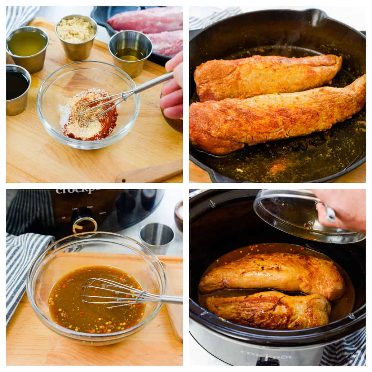 Collage showing how to make crockpot pork tenderloin.