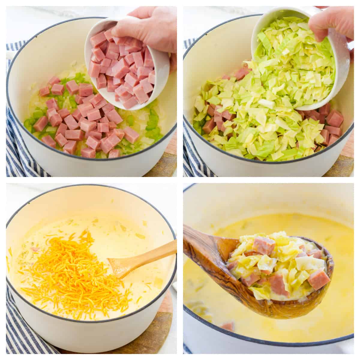 Collage showing how to make creamy ham and cabbage soup recipe.