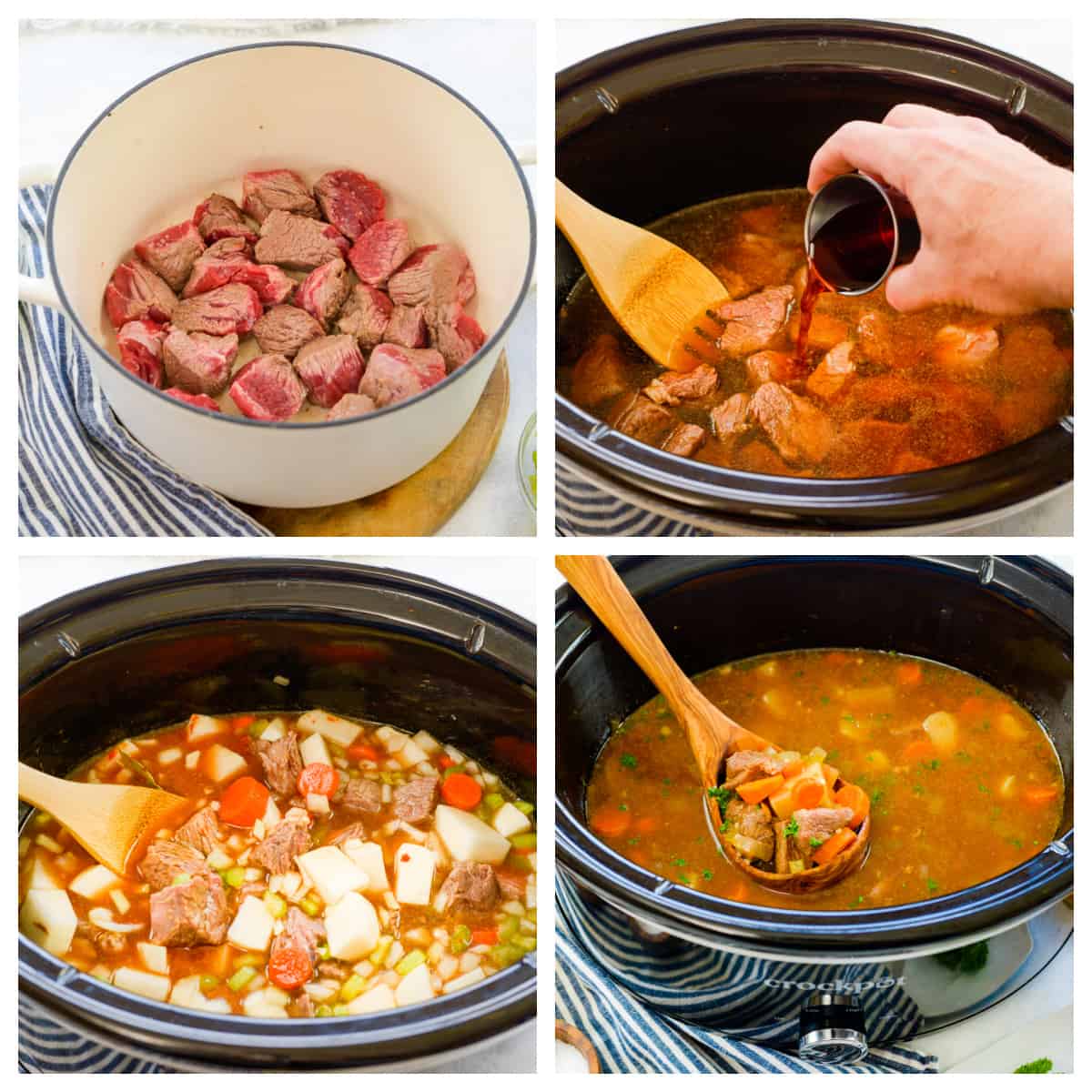 Collage showing how to make low carb beef stew.
