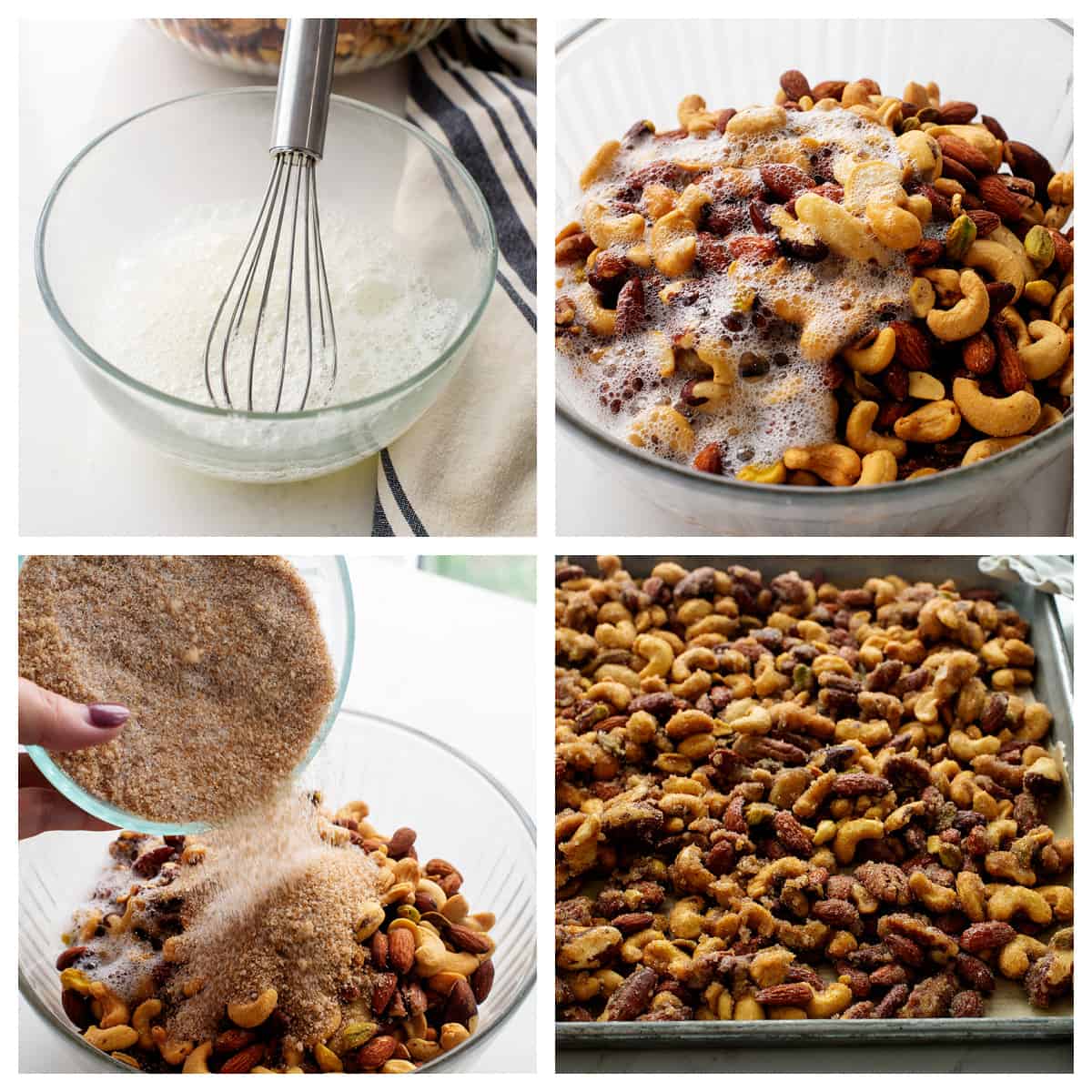 Collage showing how to make candied nuts.