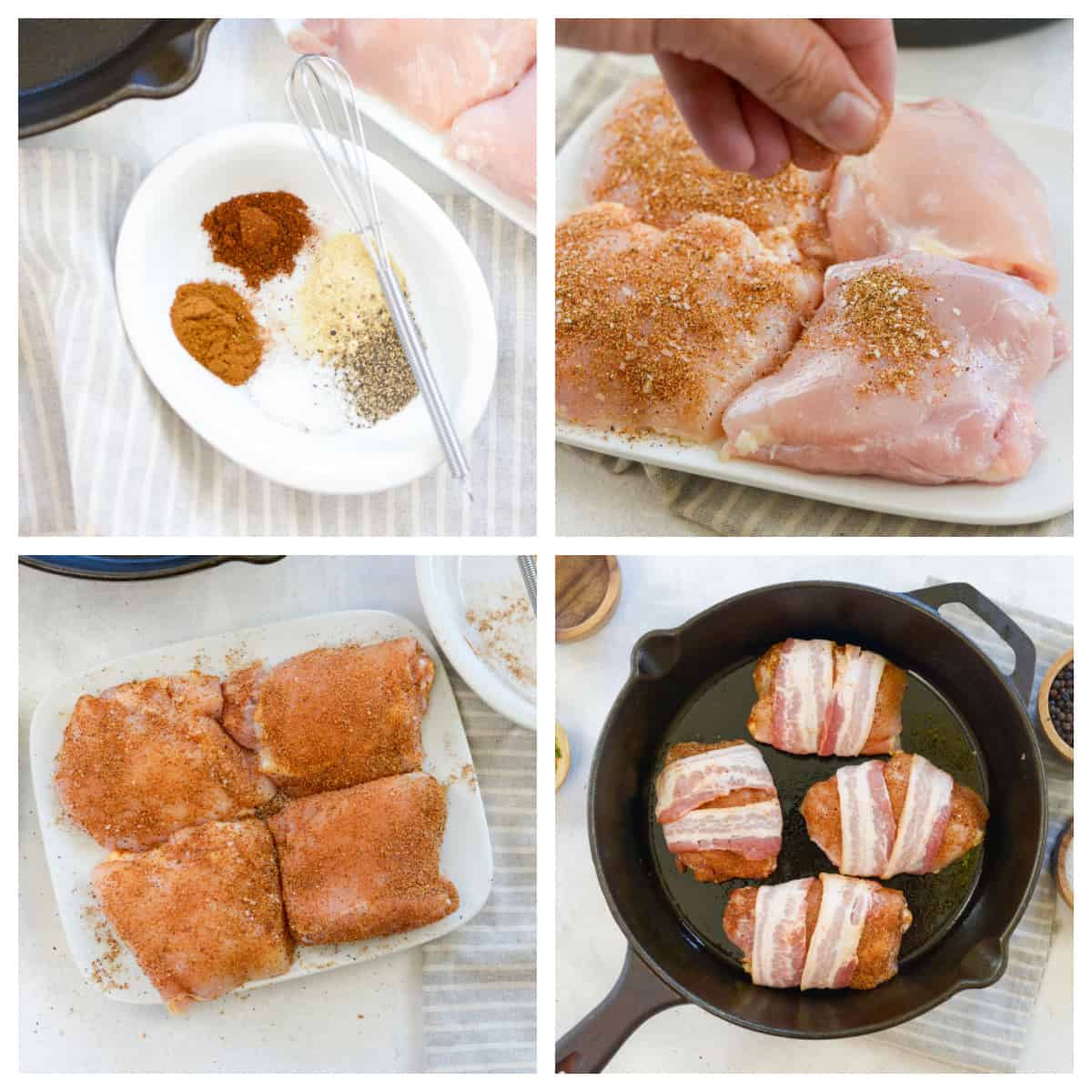 Collage showing how to make chicken thighs wrapped in bacon.