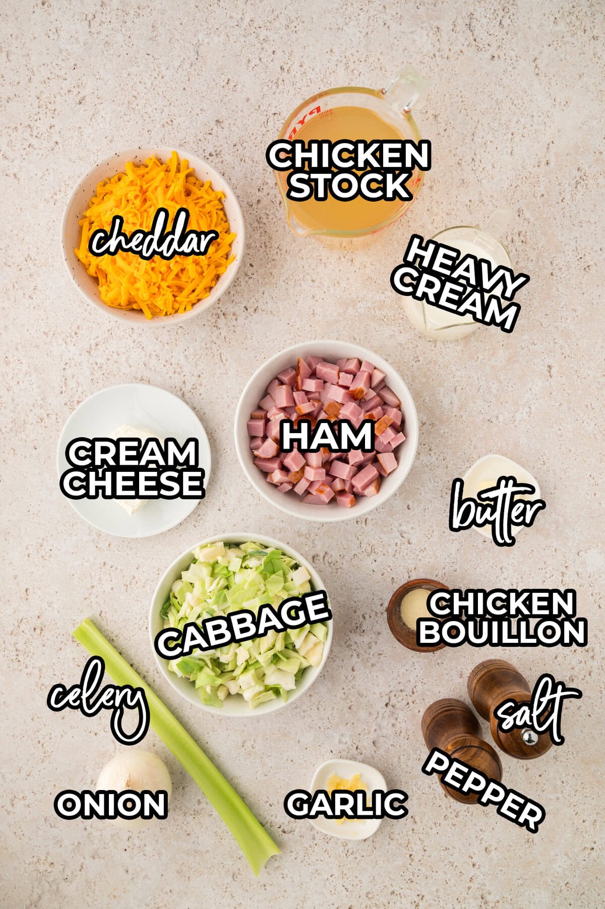 Ingredients for low carb cabbage and ham soup on counter.