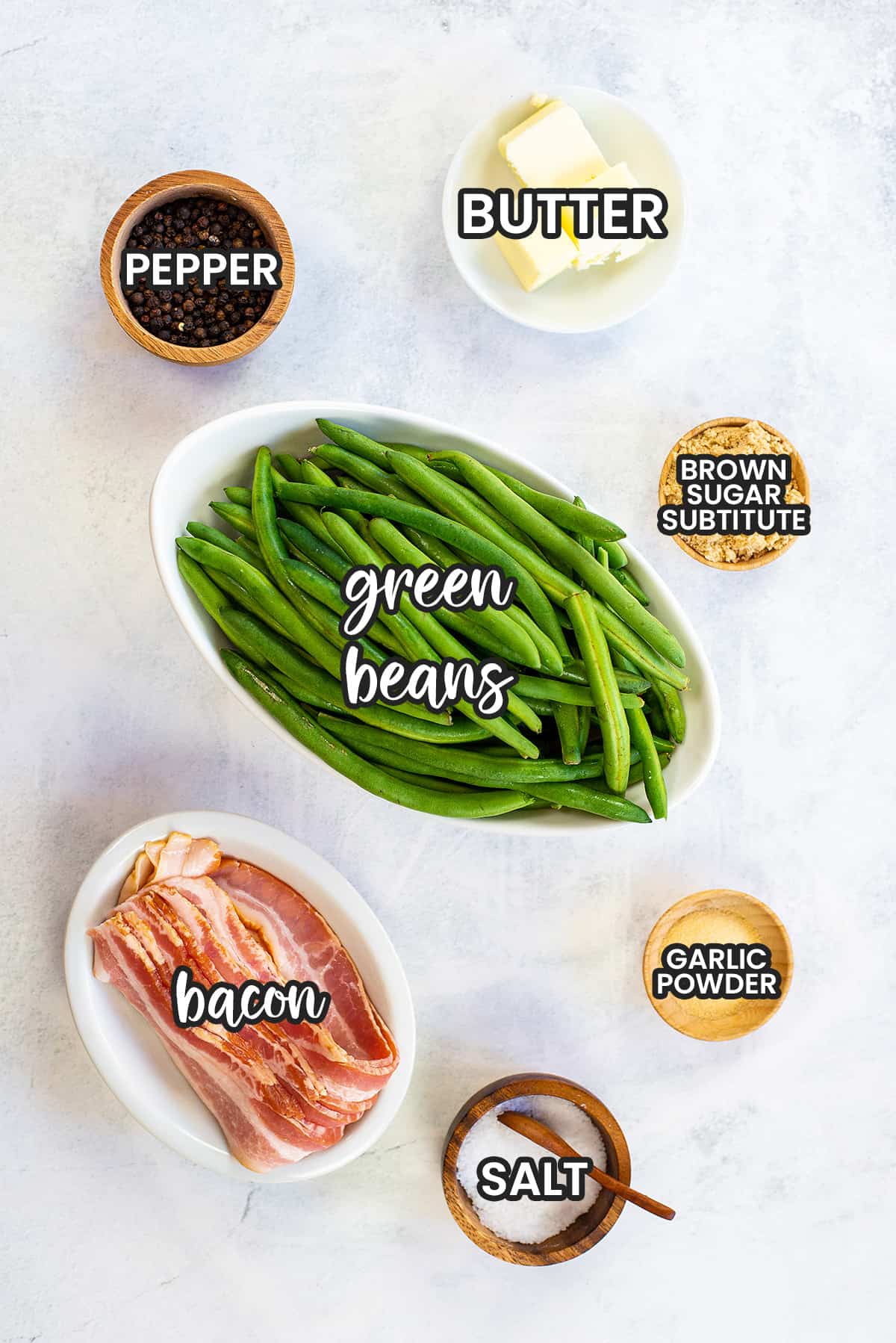 Ingredients for bacon wrapped green beans on counter top.