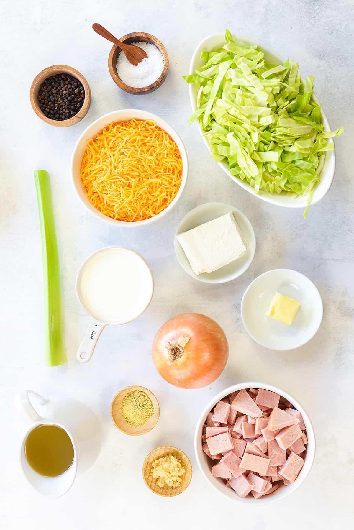 Ingredients for creamy ham and cabbage soup.