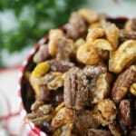 Keto candied nuts in Christmas tin.